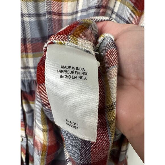 Lucky Brand Flannel Shirt Ruffle L Burgundy & Grey Plaid Peplum Ruffle Button B8 - Picture 5 of 9